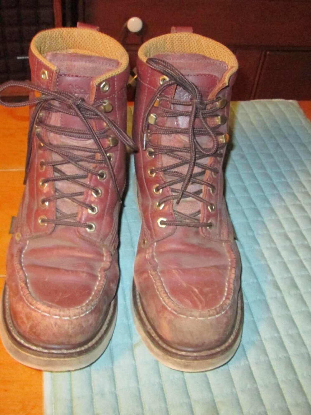 Mens Vtg leather Moc toe crepe sole workboots hunting biker 13 EEE
